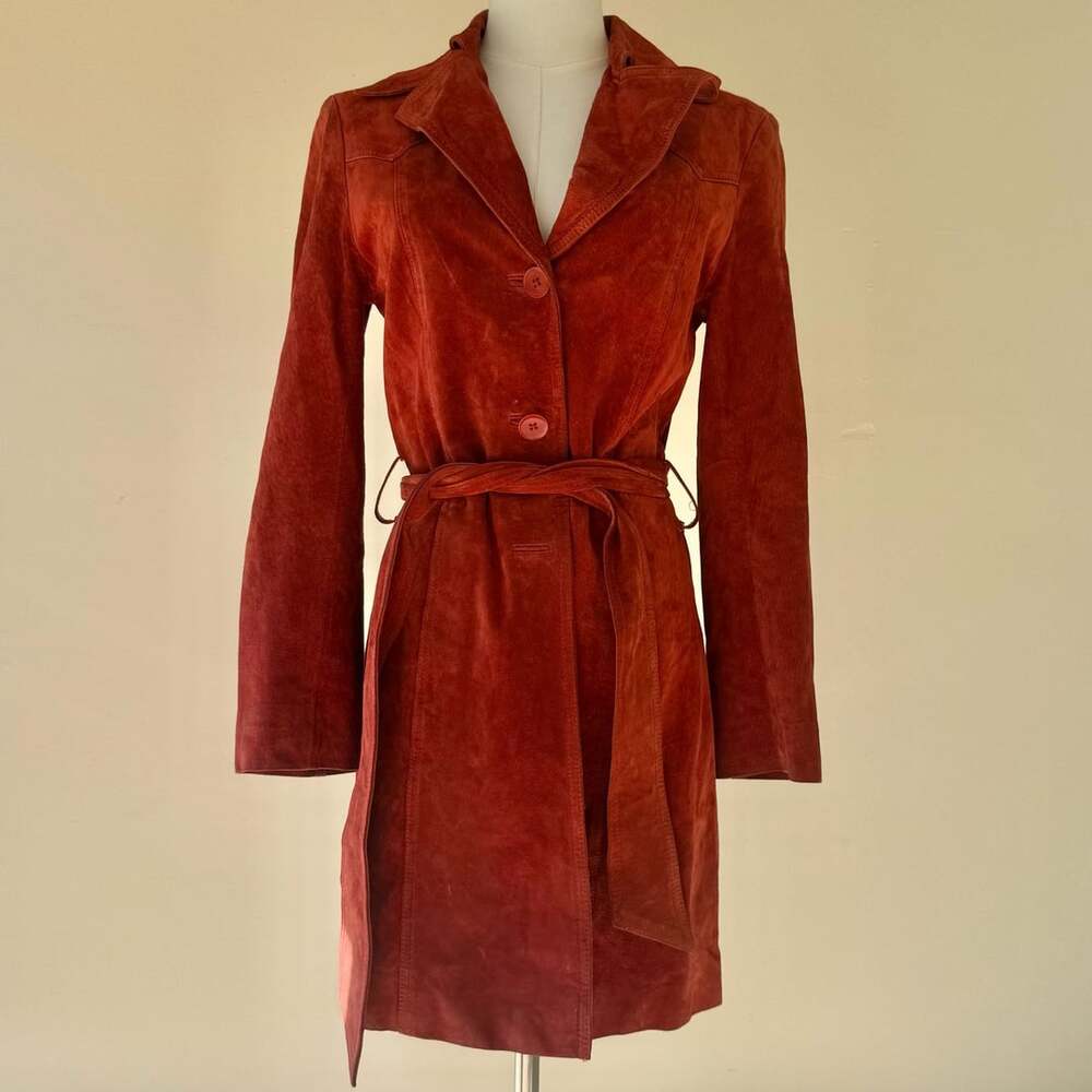 Red Suede Leather Trench Coat Belted John Carlisle